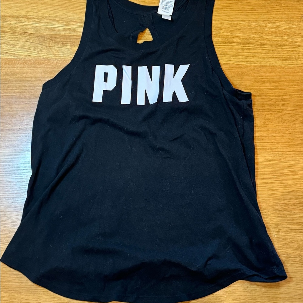 Victoria's Secret PINK Brand Black Muscle Tee with White Logo Sz Large exercise
